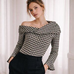 Hellessy New York Off the Shoulder Top Sculptural Neckline Textured Houndstooth